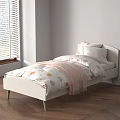 Modern Kids Bed with White Frame Patterned Bedding Pink Blanket and Wooden Floor
