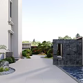Serene Garden Landscape With Winding Path Green Bushes And Tall Pine Trees