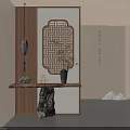 Traditional Chinese Wooden Lattice Room Divider Interior With Console Table Vase And Plants