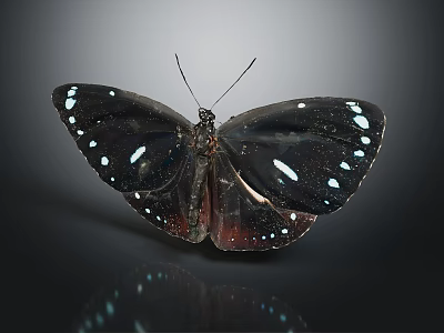 Black Butterfly With White Spotted Wings And Red Accents Against Dark Background With Reflective Surface 3d model
