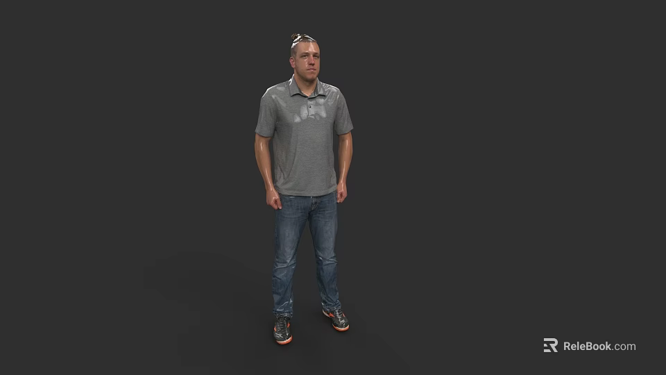 Man Standing in Dark Background Wearing Gray Polo Shirt Blue Jeans and Black Shoes 3d model 