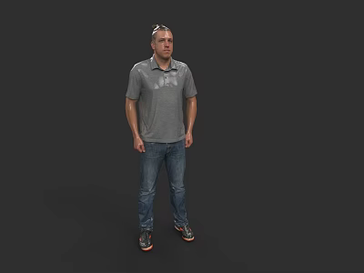 Man Standing in Dark Background Wearing Gray Polo Shirt Blue Jeans and Black Shoes 3d model