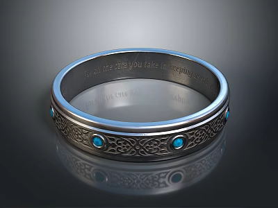 Silver Band Ring With Turquoise Stones Intricate Engraved Text And Decorative Patterns 3d model