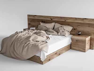 Cozy Wooden Double Bed With Beige Blanket Pillows And Wooden Nightstand 3d model