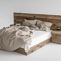 Cozy Wooden Double Bed With Beige Blanket Pillows And Wooden Nightstand