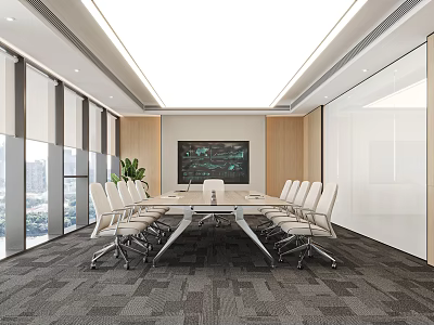 Modern Conference Room Interior With Long Table White Chairs Large Screen And City View 3d model
