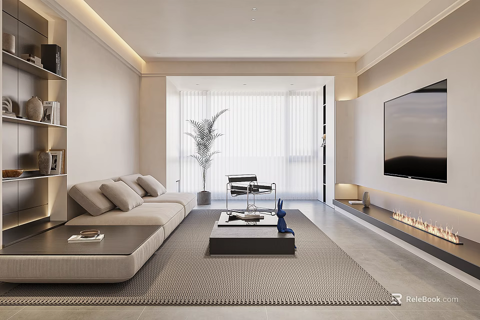 Modern Living Room Interior With Gray Sofa Coffee Table Green Plant TV Wall And Fireplace 3d model 