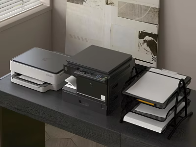Office Workspace With Window Blinds Wall Collage And Office Appliances Printer Scanner File Organizer 3d model
