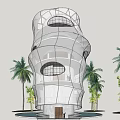 Unique Modern Tower Structure With Circular Openings Water Feature And Greenery 3d model