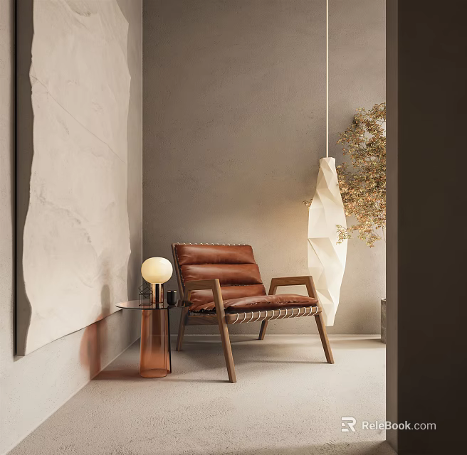 Modern Brown Leather Single Sofa Interior With Wooden Legs Side Table And Floor Lamp 3d model 