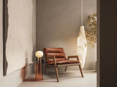 Modern Brown Leather Single Sofa Interior With Wooden Legs Side Table And Floor Lamp 3d model