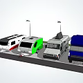 Recreational Vehicles Of Various Colors And Types Parked In Area With Street Lamps And Grass