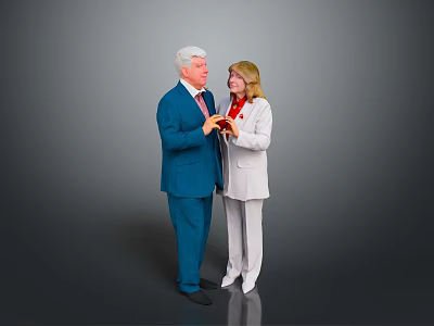 Two People In Formal Wear Blue Suit White Outfit Interacting With Items On Gray Background 3d model