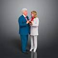 Two People In Formal Wear Blue Suit White Outfit Interacting With Items On Gray Background