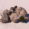 Large Natural Stone Boulders and Wood Tree in Sandy Desert with Clear Blue Sky