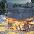 Ancient Stone Circular Structure In Central Plaza With Surrounding Seats Trees Fence And Warm Lighting