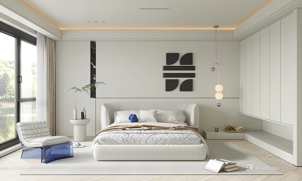 Modern Bedroom Interior With White Bed Abstract Wall Art Potted Plant And Pendant Light 3d model 