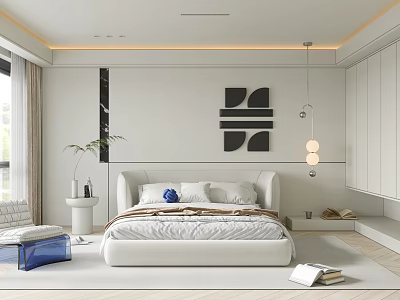 Modern Bedroom Interior With White Bed Abstract Wall Art Potted Plant And Pendant Light 3d model
