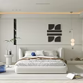 Modern Bedroom Interior With White Bed Abstract Wall Art Potted Plant And Pendant Light