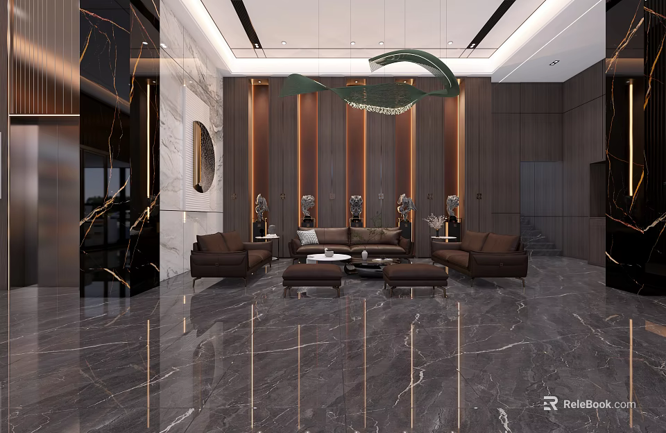 Modern Hotel Lobby Interior With Marble Floor Brown Sofas And Central Chandelier 3d model 