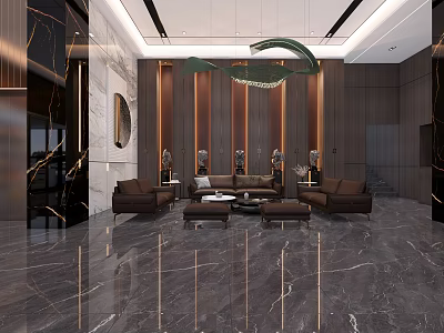Modern Hotel Lobby Interior With Marble Floor Brown Sofas And Central Chandelier 3d model