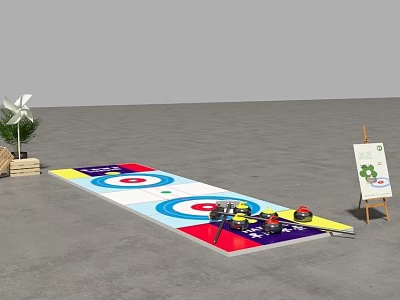 Indoor Colorful Curling Rink Setup With Stones Windmill And Scoreboard 3d model