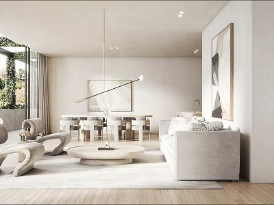 Modern Living And Dining Room Interior Design With Sofa Dining Table Chandelier And Wall Art 3d model