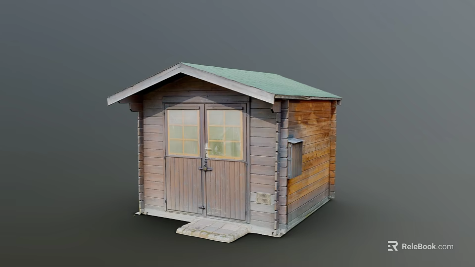 Wooden Cabin Exterior With Green Roof Wooden Door Double Windows And Small Steps 3d model 