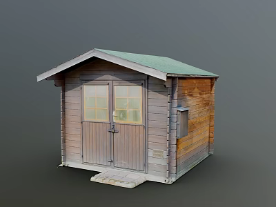 Wooden Cabin Exterior With Green Roof Wooden Door Double Windows And Small Steps 3d model