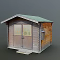 Wooden Cabin Exterior With Green Roof Wooden Door Double Windows And Small Steps