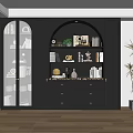 Elegant Modern Wine Cabinet with Glass Doors Open Shelves Filled with Books Decorations and Vases