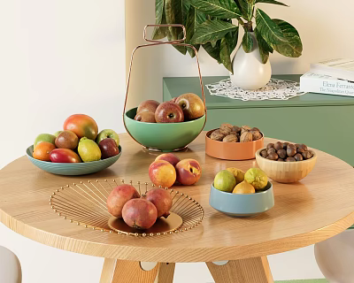 Green Modern Bookcase Interior With Plants Books And Fruit Bowls On Wooden Table 3d model