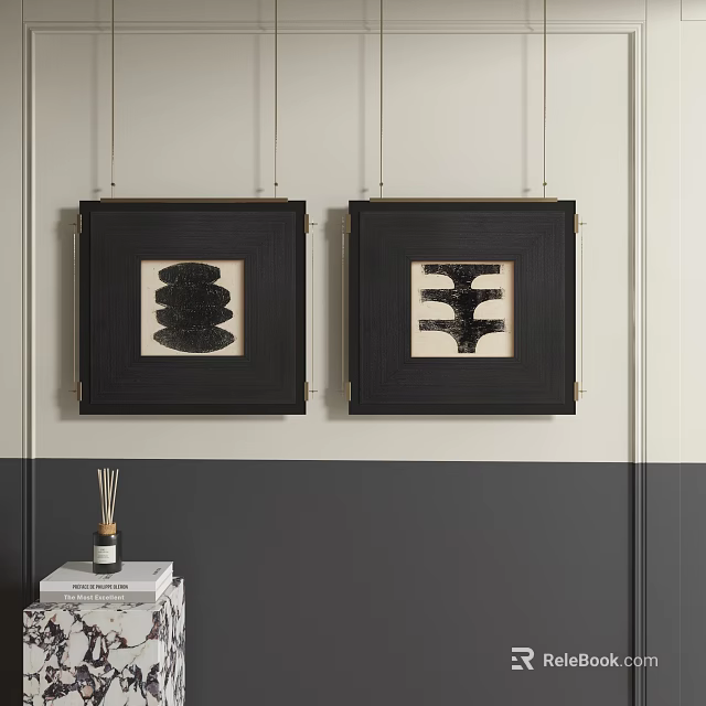 Two Black Framed Abstract Paintings With Minimalist Black And White Design For Modern Wall Art 3d model 