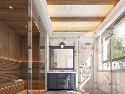 Modern Bathroom Interior With Wooden Walls Glass Shower Blue Vanity And Marble Countertop 3d model
