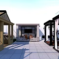 Modern Outdoor Pergola Design With Open Structure Tables Chairs And Plants