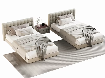 Two Single Beds With Tufted Headboards Gray Blankets Pillows Nightstand And Vase On Striped Rug 3d model