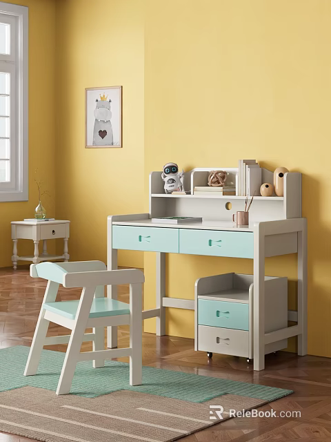 White And Light Blue Kids Desk On Yellow Wall With Shelf Robot Figurine Books Chair 3d model 