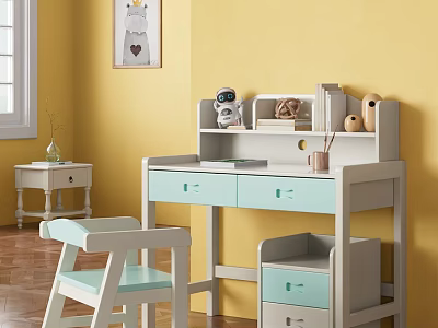 White And Light Blue Kids Desk On Yellow Wall With Shelf Robot Figurine Books Chair 3d model