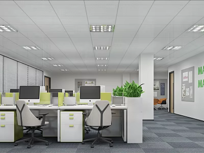 Modern Public Office Space With Desks Computers Green Partitions Ceiling Lights And Potted Plant 3d model