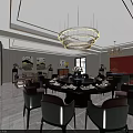 Elegant Modern Private Dining Room Interior With Dining Table Chairs Chandeliers Red Accent Wall 3d model