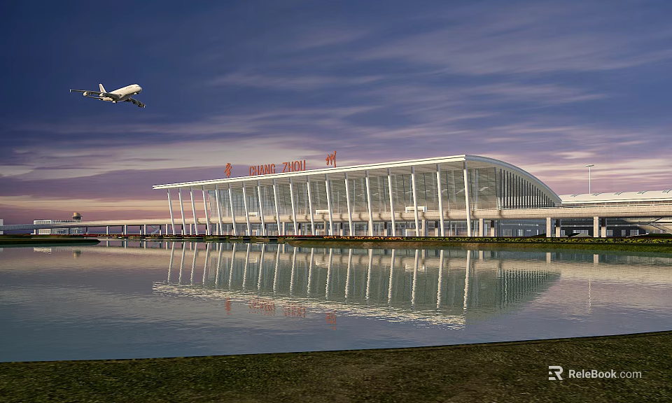 Modern Airport Terminal Building With Glass Facade Airplane Flying And Water Reflection 3d model 