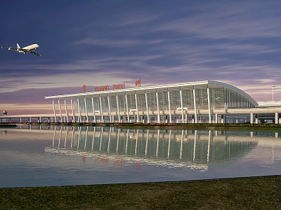 Modern Airport Terminal Building With Glass Facade Airplane Flying And Water Reflection 3d model