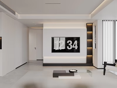 Modern Minimalist Living Dining Room Interior With White TV Wall And Coffee Table 3d model