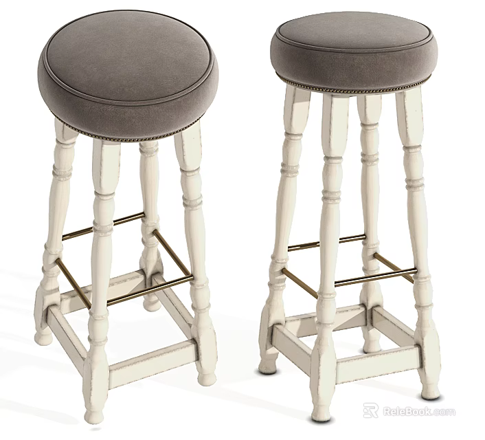 Classic Design Bar Stools With White Wooden Legs And Gray Upholstered Seats 3d model 