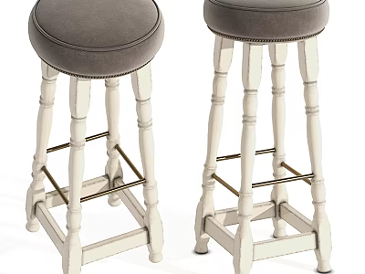 Classic Design Bar Stools With White Wooden Legs And Gray Upholstered Seats 3d model