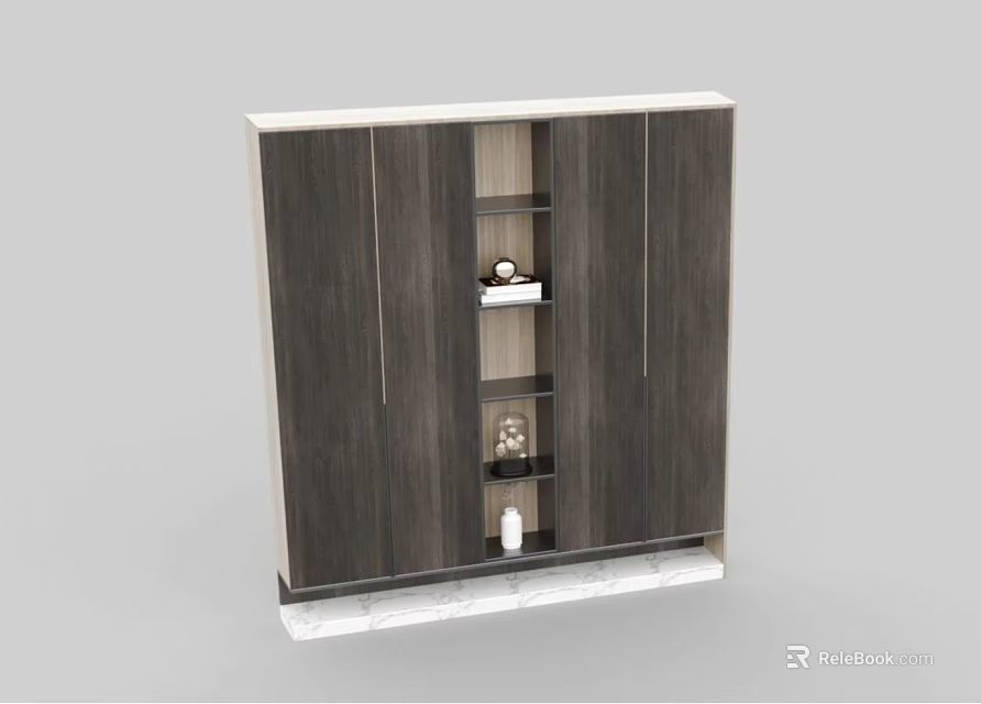 Modern Wooden Wardrobe With Open Shelves And Decorative Items On Marble Base 3d model 