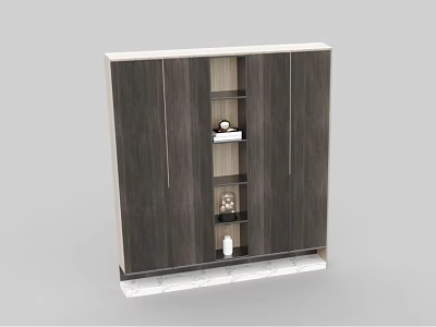 Modern Wooden Wardrobe With Open Shelves And Decorative Items On Marble Base 3d model