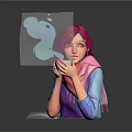 Pink Haired Girl With Steam Creature Holding Warm Cup Against Dark Background