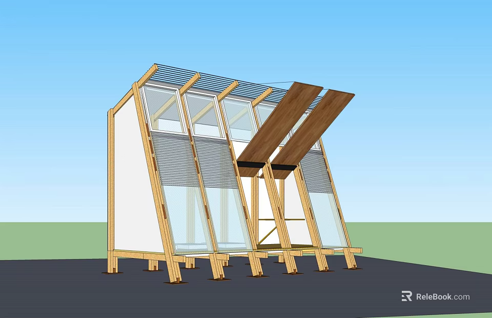 Modern Architectural Structure With Glass Walls Wooden Frame And Openable Roof Panels On Support Legs 3d model 