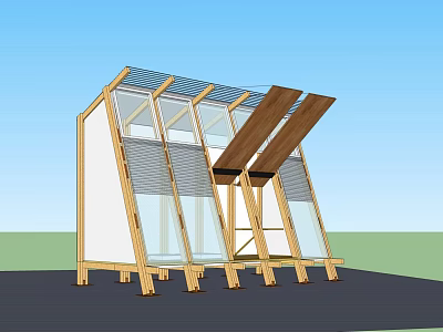 Modern Architectural Structure With Glass Walls Wooden Frame And Openable Roof Panels On Support Legs 3d model
